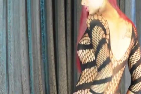 Pi Ladyboy In Fishnets sperm On Hands